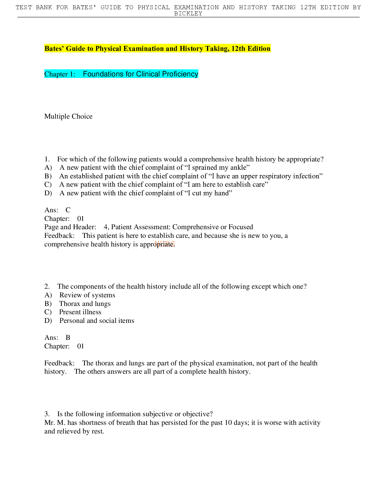 Preview image for TEST BANK FOR BATES' GUIDE TO PHYSICAL EXAMINATION AND HISTORY TAKING 12TH EDITION BY BICKLEY